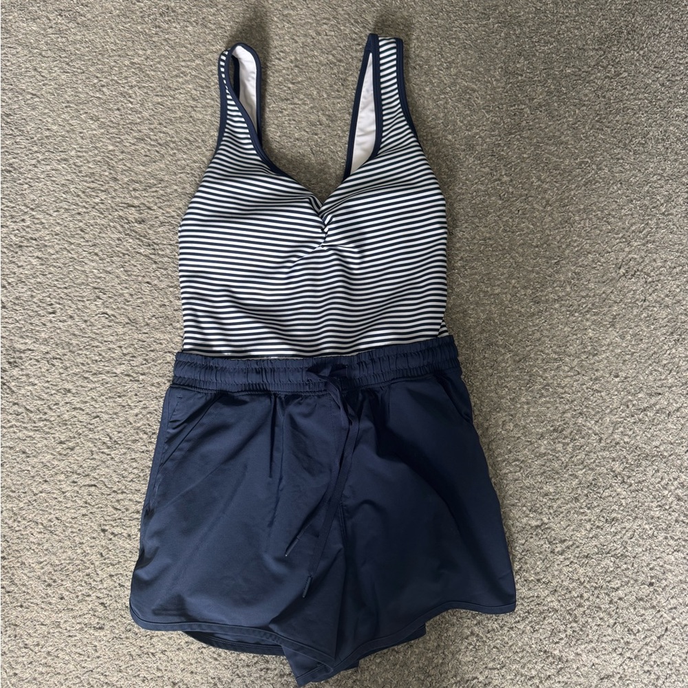YPB Abercrombie Navy and White Striped Tank Romper with Navy Shorts